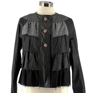 Grownbeans Karen Groner 80's Vintage Black Leather Mixed Fabric Tiered Jacket M